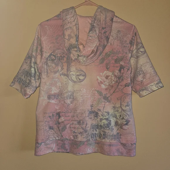 Green Tea Graphic Floral Short Sleeved Zip-Up Hoodie Sequen Accent, L - Picture 3 of 5